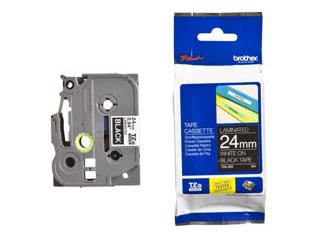 Brother TZe-355 (TZE355) Laminated Labelling Tape Cassette, White On Black 24mm, 8m