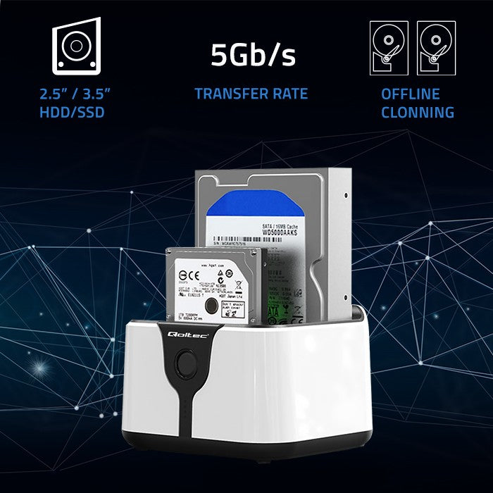 Qoltec HDD SSD 2.5" 3.5" docking station | SATA III | USB 3.0 | Super speed 5Gb/s | with Clonning function