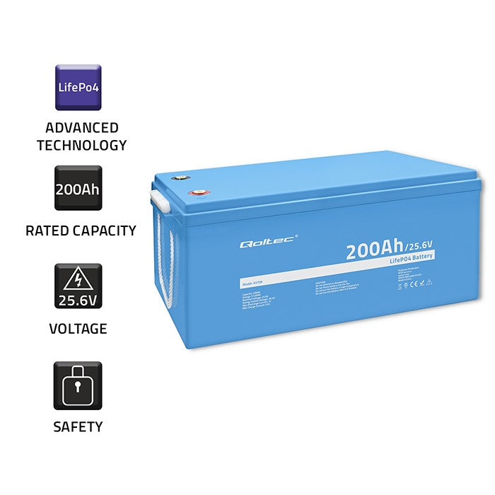 Qoltec LiFePO4 lithium iron phosphate battery | 25.6V | 200Ah | W BMS