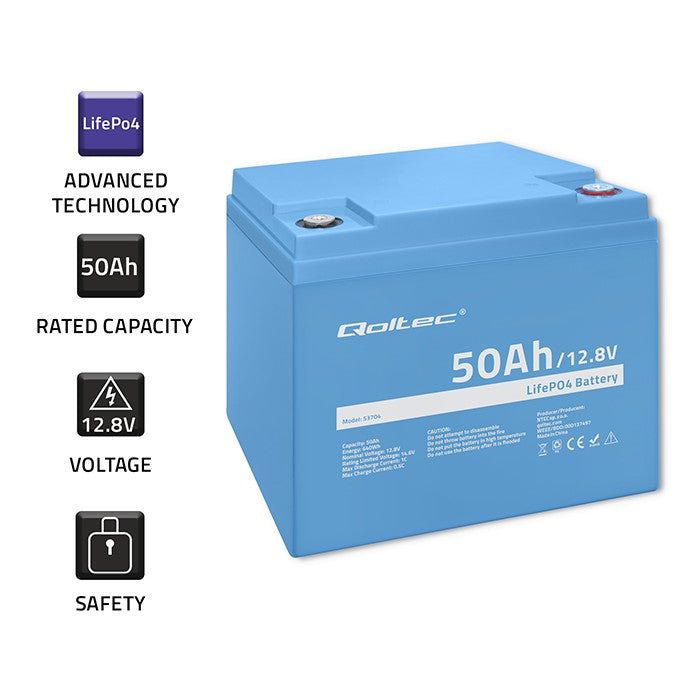 Qoltec LiFePO4 lithium iron phosphate battery | 12.8V | 50Ah | 640Wh | BMS