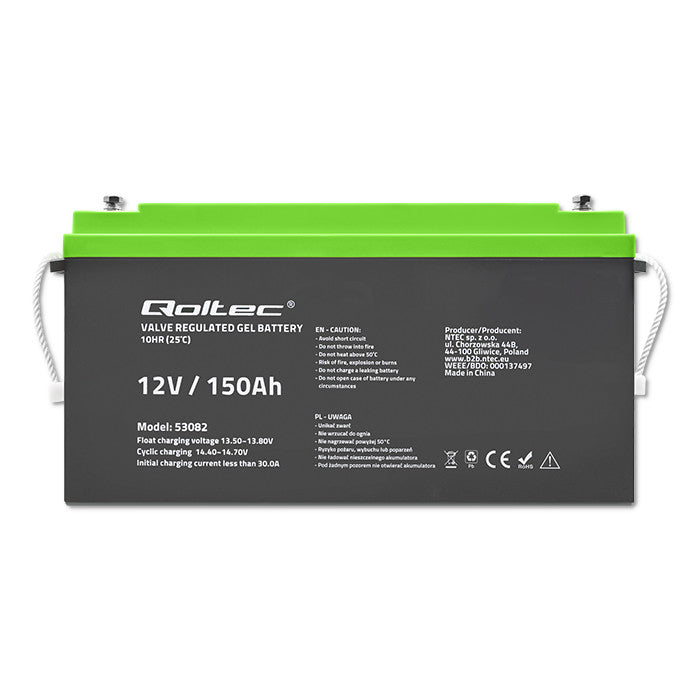 Qoltec Gel Battery | 12V | 150Ah | 41.8kg | Maintenance-free | Professional | LongLife | PV, UPS, camper, boat