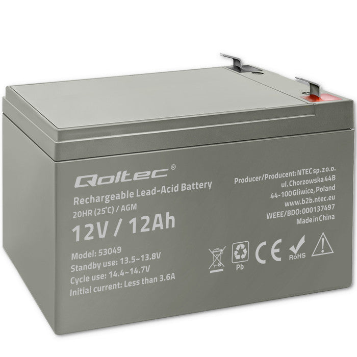 Qoltec AGM battery | 12V | 12Ah | Maintenance-free | Efficient| LongLife | for UPS, security