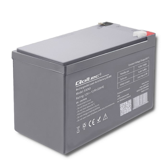 Qoltec AGM battery | 12V | 12Ah | Maintenance-free | Efficient| LongLife | for UPS, security