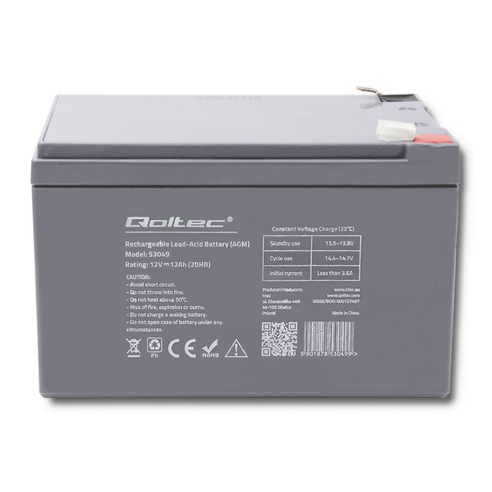 Qoltec AGM battery | 12V | 12Ah | Maintenance-free | Efficient| LongLife | for UPS, security