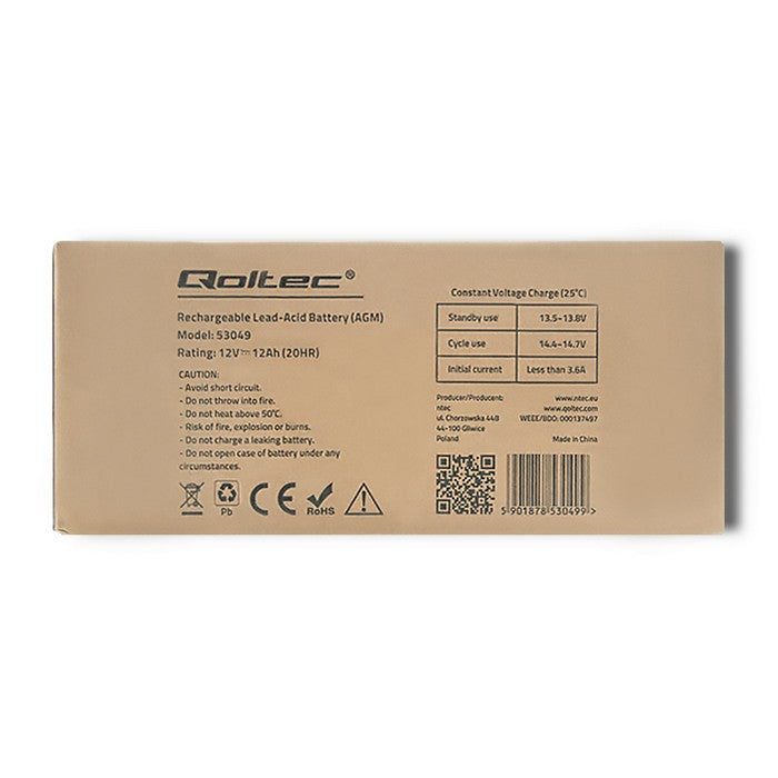 Qoltec AGM battery | 12V | 12Ah | Maintenance-free | Efficient| LongLife | for UPS, security
