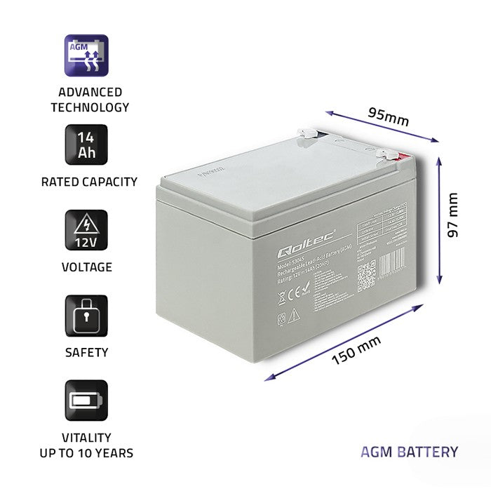 Qoltec AGM battery | 12V | 14Ah | Maintenance-free | Efficient| LongLife | for UPS, security