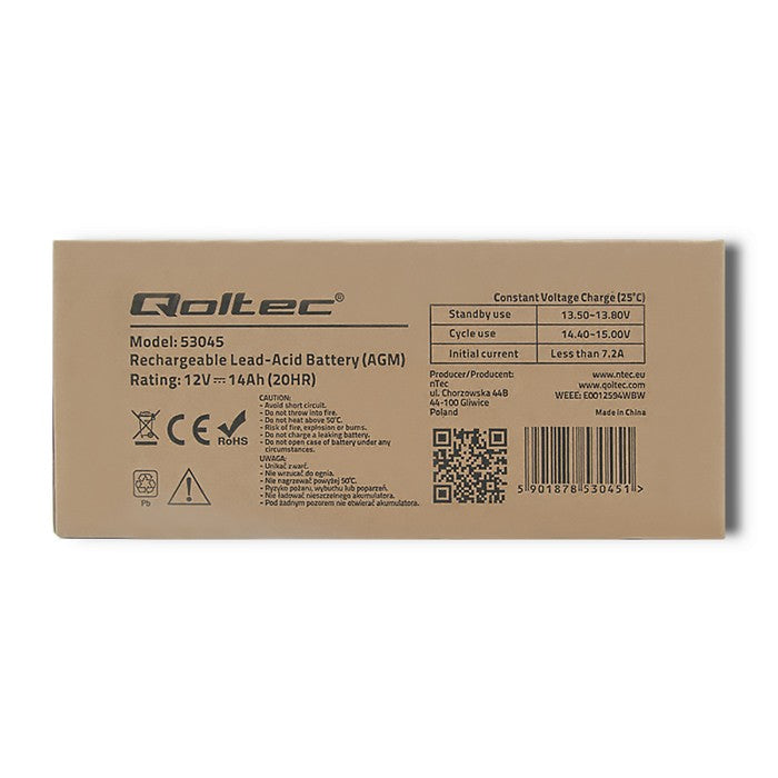 Qoltec AGM battery | 12V | 14Ah | Maintenance-free | Efficient| LongLife | for UPS, security