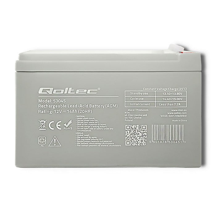 Qoltec AGM battery | 12V | 14Ah | Maintenance-free | Efficient| LongLife | for UPS, security