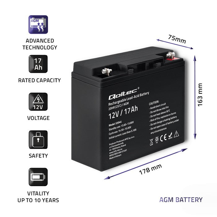 Qoltec AGM battery | 12V | 17Ah | Maintenance-free | Efficient| LongLife | for UPS, scooter