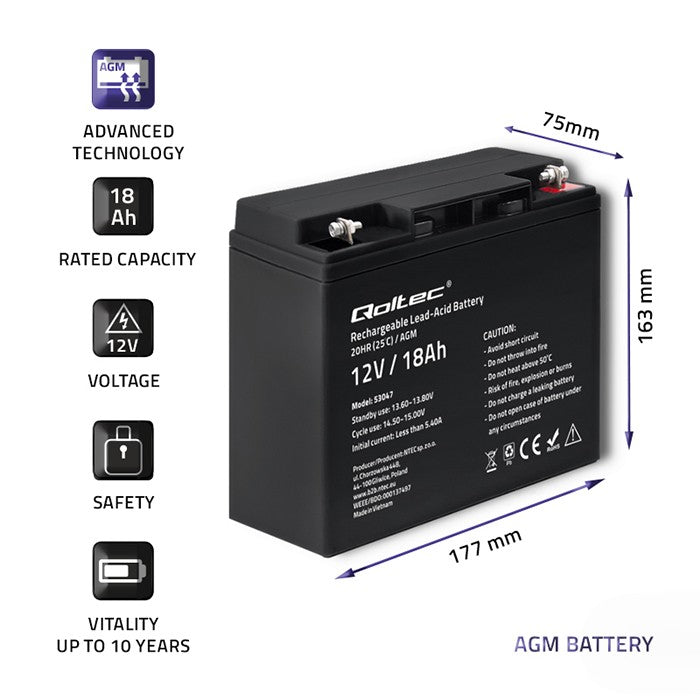 Qoltec AGM battery | 12V | 18Ah | Maintenance-free | Efficient| LongLife | for UPS, scooter