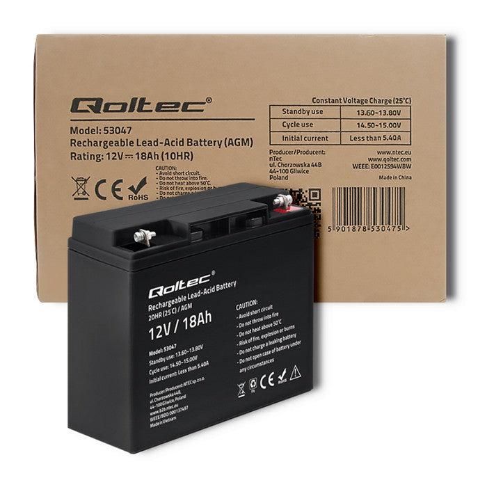 Qoltec AGM battery | 12V | 18Ah | Maintenance-free | Efficient| LongLife | for UPS, scooter