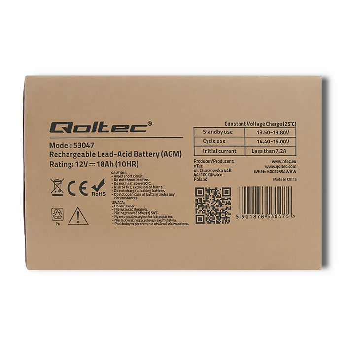 Qoltec AGM battery | 12V | 18Ah | Maintenance-free | Efficient| LongLife | for UPS, scooter