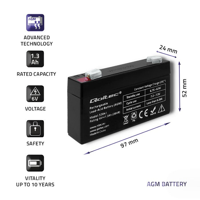 Qoltec AGM battery | 6V | 1.3Ah | Maintenance-free | Efficient| LongLife | for UPS, scale, cash register