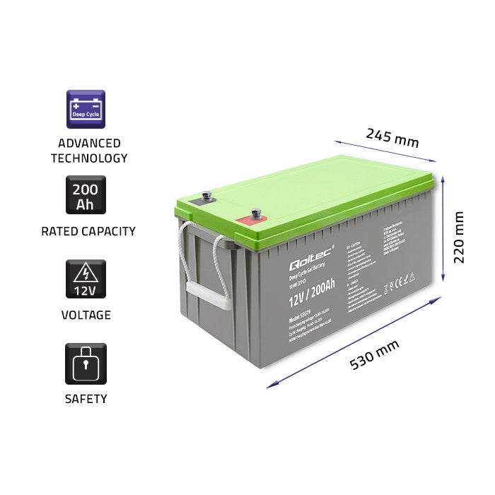 Qoltec Deep Cycle Gel Battery | 12V | 200Ah | 62.5kg | Maintenance-free | Professional | LongLife | PV, UPS, camper