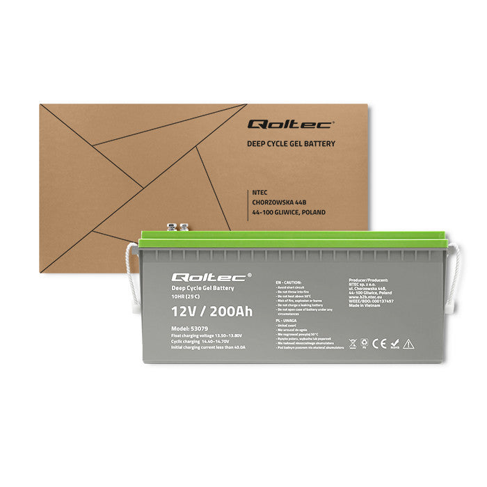 Qoltec Deep Cycle Gel Battery | 12V | 200Ah | 62.5kg | Maintenance-free | Professional | LongLife | PV, UPS, camper