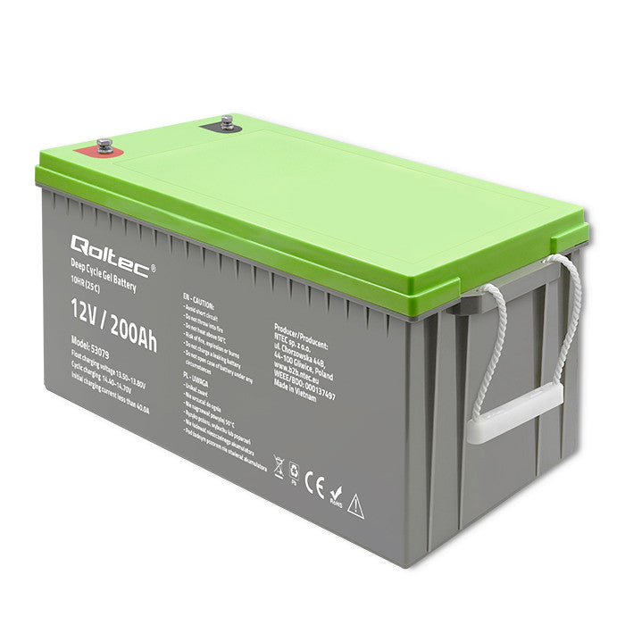 Qoltec Deep Cycle Gel Battery | 12V | 200Ah | 62.5kg | Maintenance-free | Professional | LongLife | PV, UPS, camper