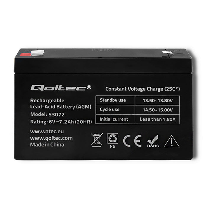Qoltec AGM battery | 6V | 7.2 Ah | Maintenance-free | Efficient| LongLife | for toys, vehicles