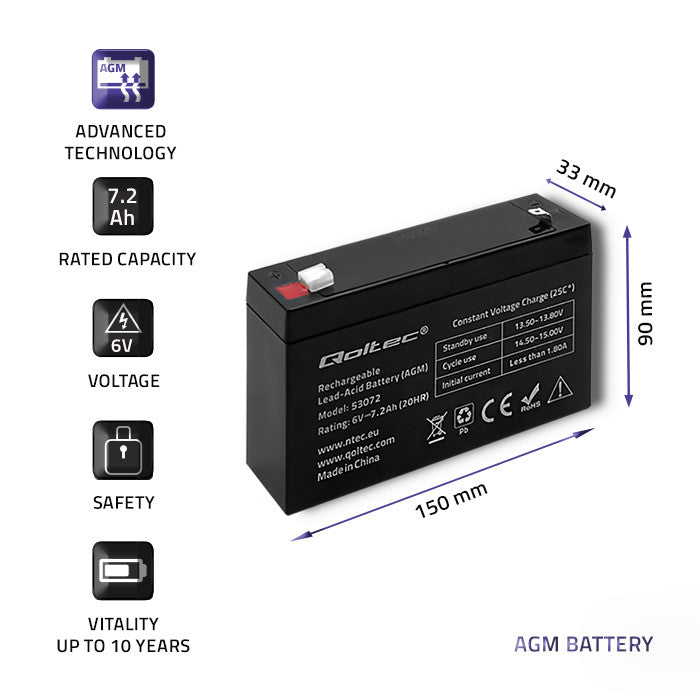 Qoltec AGM battery | 6V | 7.2 Ah | Maintenance-free | Efficient| LongLife | for toys, vehicles