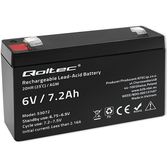 Qoltec AGM battery | 6V | 7.2 Ah | Maintenance-free | Efficient| LongLife | for toys, vehicles
