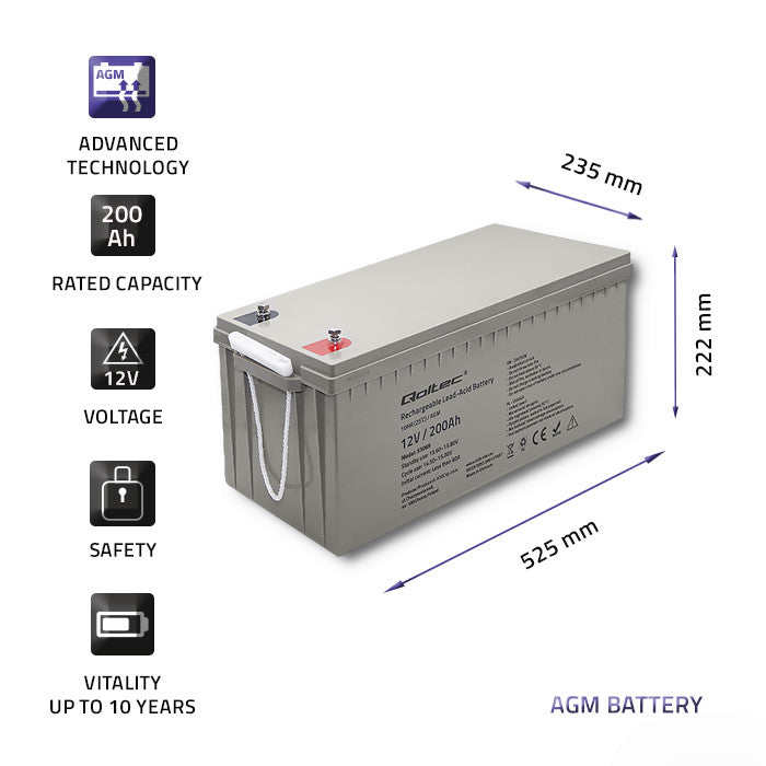 Qoltec AGM battery | 12V | 200Ah | 54.1kg | Maintenance-free | Strong | LongLife | for UPS, RV, boat, heater