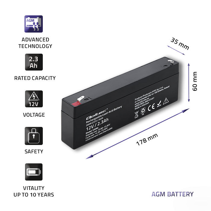 Qoltec AGM battery | 12V | 2.3Ah | Maintenance-free | Efficient| LongLife | for UPS, scale, cash register