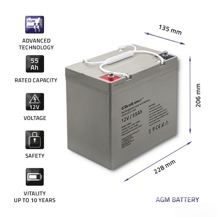 Qoltec AGM battery | 12V | 55Ah | Maintenance-free | Strong | LongLife | for UPS, RV, boat, heater