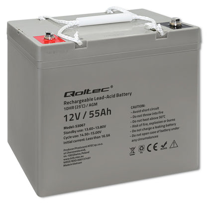 Qoltec AGM battery | 12V | 55Ah | Maintenance-free | Strong | LongLife | for UPS, RV, boat, heater