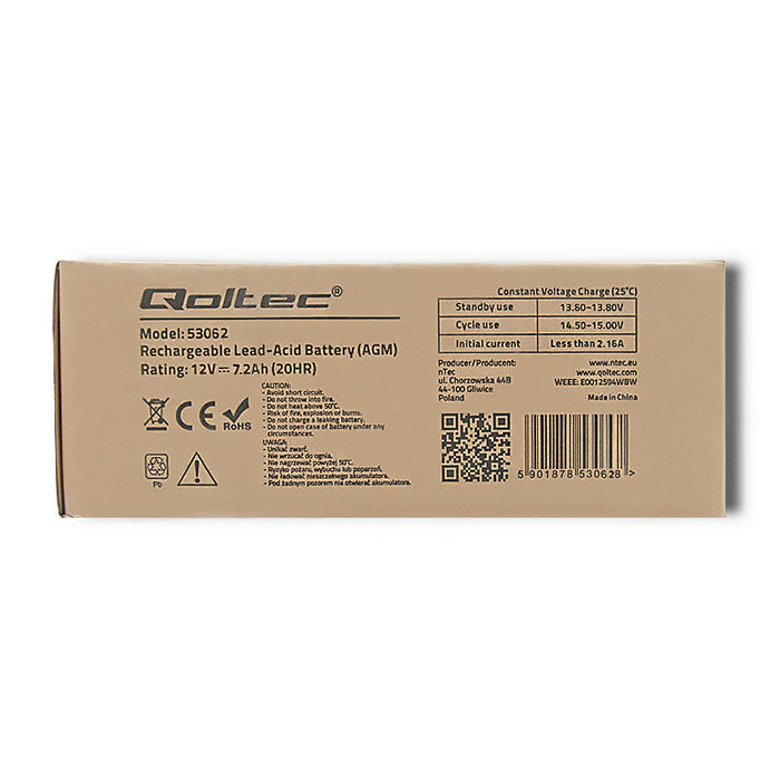 Qoltec AGM battery | 12V | 7.2 Ah | Maintenance-free | Efficient| LongLife | for UPS, security