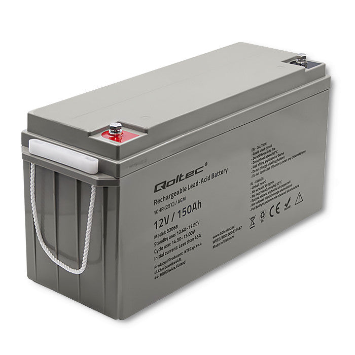 Qoltec AGM battery | 12V | 150Ah | 40.1kg | Maintenance-free | Strong | LongLife | for UPS, RV, boat, heater