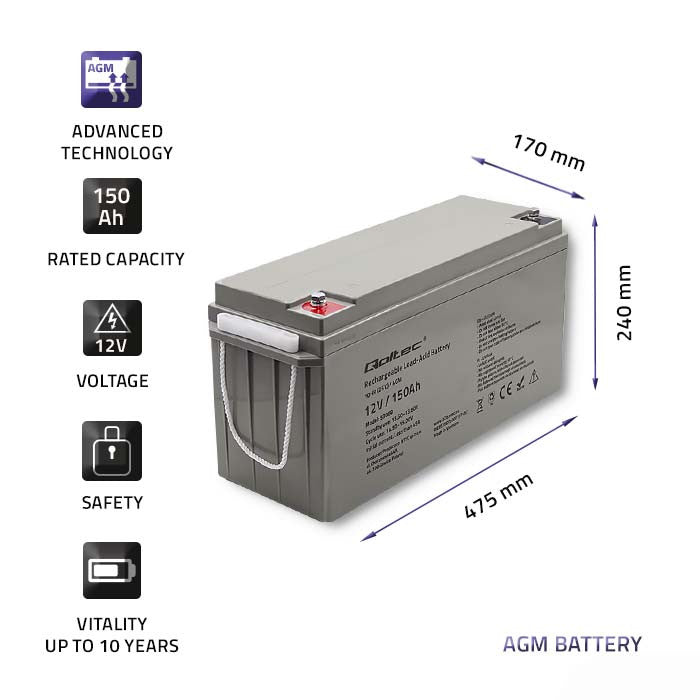 Qoltec AGM battery | 12V | 150Ah | 40.1kg | Maintenance-free | Strong | LongLife | for UPS, RV, boat, heater