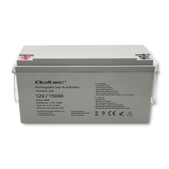Qoltec AGM battery | 12V | 150Ah | 40.1kg | Maintenance-free | Strong | LongLife | for UPS, RV, boat, heater
