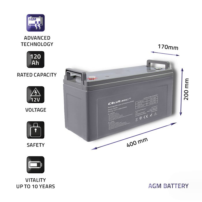 Qoltec AGM battery | 12V | 120Ah | 35.2kg | Maintenance-free | Strong | LongLife | for UPS, RV, boat, heater