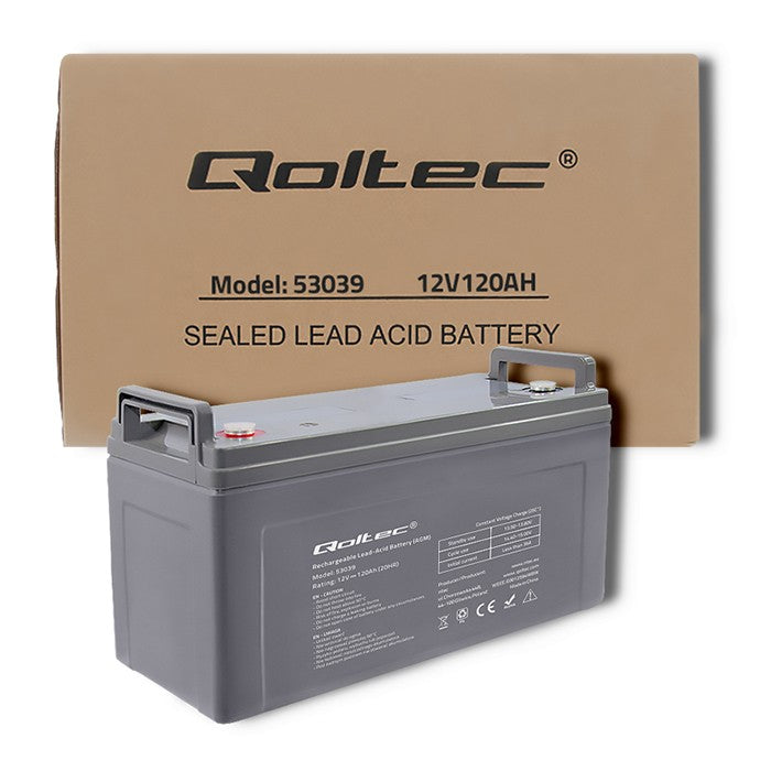 Qoltec AGM battery | 12V | 120Ah | 35.2kg | Maintenance-free | Strong | LongLife | for UPS, RV, boat, heater