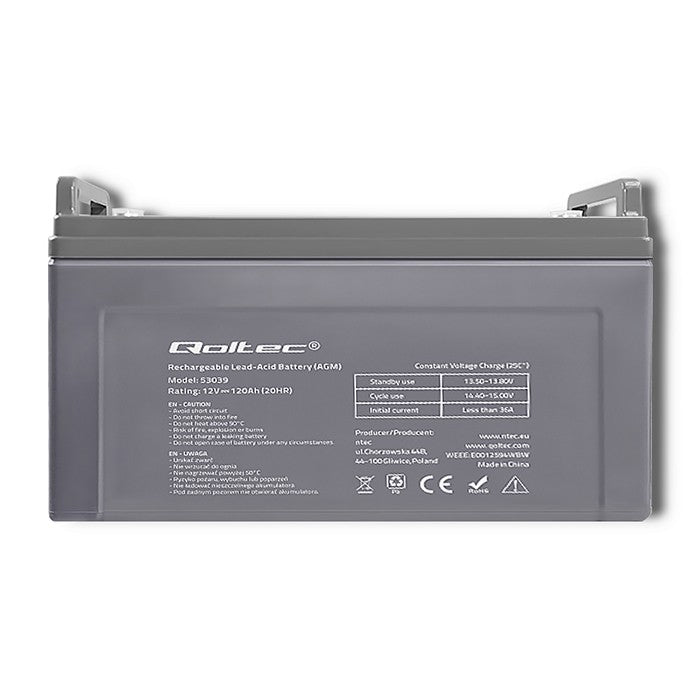 Qoltec AGM battery | 12V | 120Ah | 35.2kg | Maintenance-free | Strong | LongLife | for UPS, RV, boat, heater