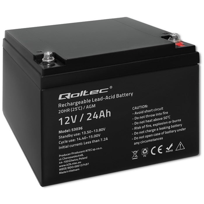 Qoltec AGM battery | 12V | 24Ah | Maintenance-free | Efficient| LongLife | for UPS, scooter