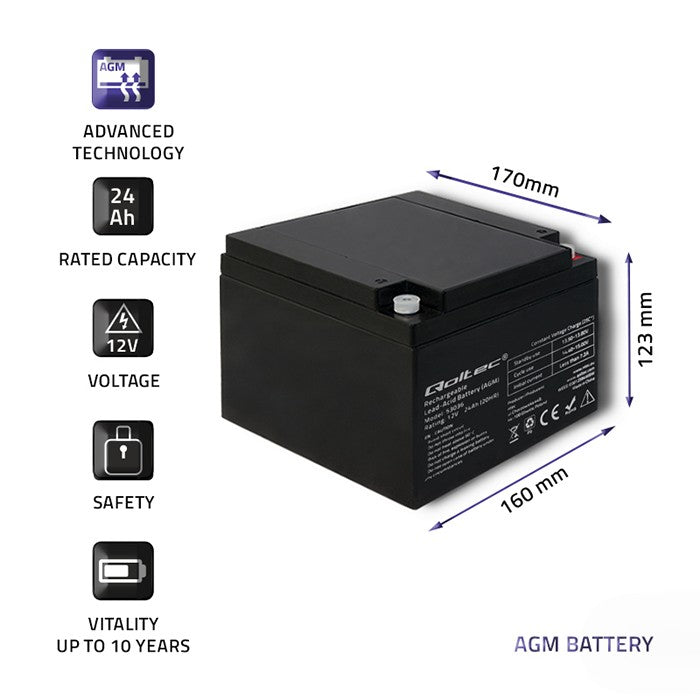 Qoltec AGM battery | 12V | 24Ah | Maintenance-free | Efficient| LongLife | for UPS, scooter