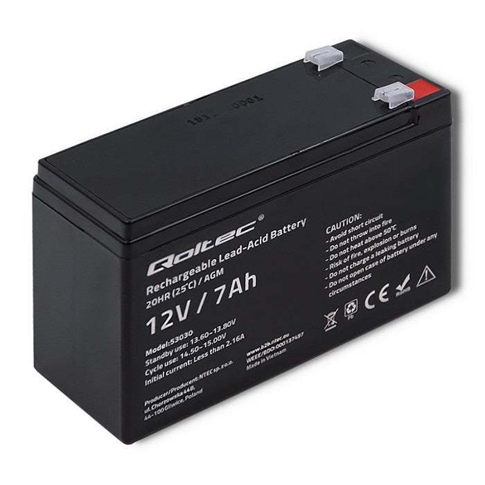 Qoltec AGM battery | 12V | 7Ah | Maintenance-free | Efficient| LongLife | for UPS, security