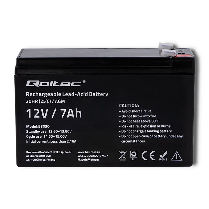 Qoltec AGM battery | 12V | 7Ah | Maintenance-free | Efficient| LongLife | for UPS, security