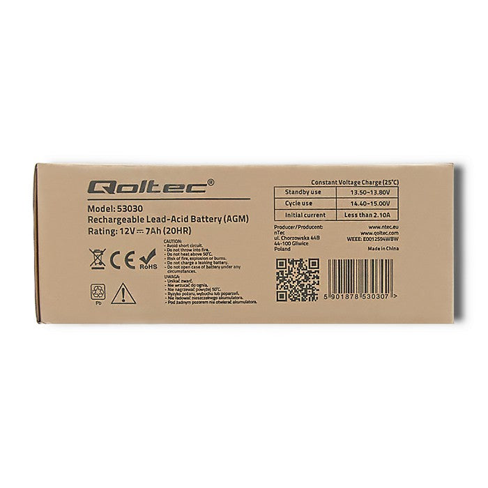 Qoltec AGM battery | 12V | 7Ah | Maintenance-free | Efficient| LongLife | for UPS, security