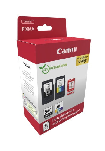 Canon CRG PG-560/CL-561 + Photo Paper Value Pack (3713C008) Ink Cartridge Multipack, BK/CMY