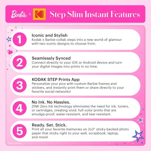 Barbie x Kodak STEP Slim Instant Mobile Photo printer Colour ZINK 2x3'' 1ppm, Bluetooth, Pink