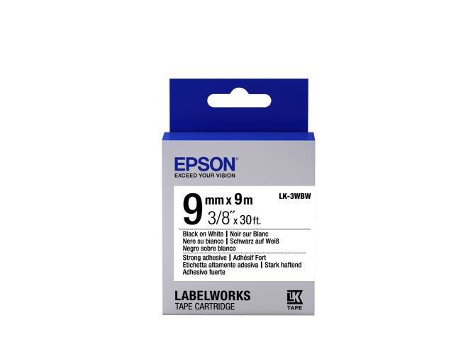 Epson LK-3WBW (C53S653007) Label Tape Cartridge, Strong Adhesive, Black on White 9mm, 9m
