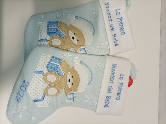 Ecost Heart's Sign Babys First Christmas Stockings Blue - Spanish