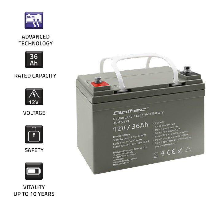 Qoltec  AGM battery | 12V | 36Ah | Maintenance-free | Efficient| LongLife | for UPS, scooter