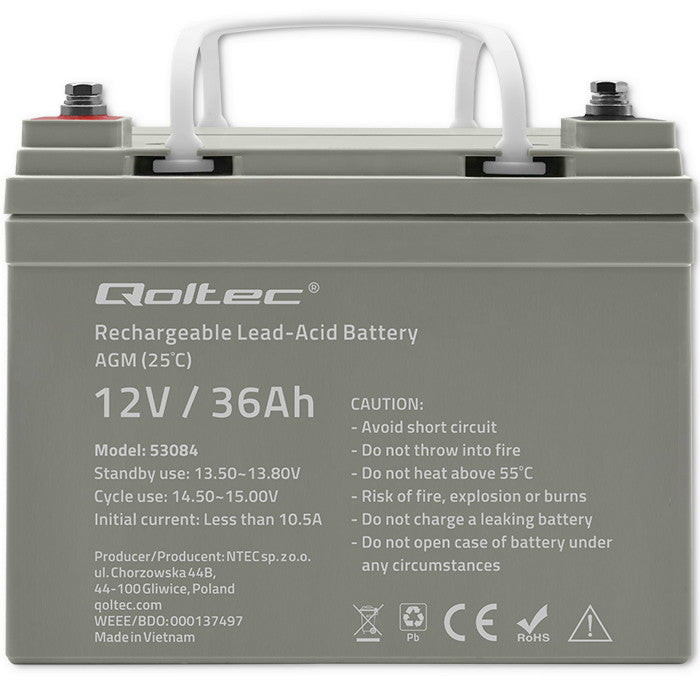 Qoltec  AGM battery | 12V | 36Ah | Maintenance-free | Efficient| LongLife | for UPS, scooter