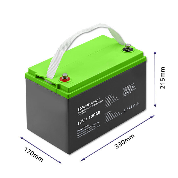 Qoltec Gel Battery | 12V | 100Ah | 29.3kg | Maintenance-free | Professional | LongLife | PV, UPS, camper, boat