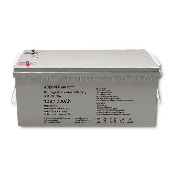 Qoltec AGM battery | 12V | 200Ah | 54.1kg | Maintenance-free | Strong | LongLife | for UPS, RV, boat, heater