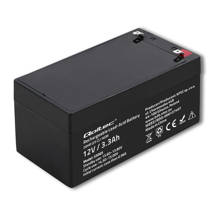Qoltec AGM battery | 12V | 3.3Ah | Maintenance-free | Efficient| LongLife | for UPS, scale, cash register