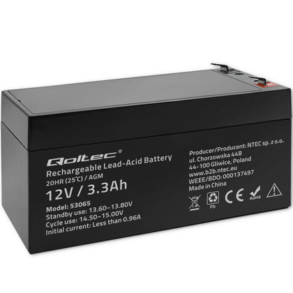 Qoltec AGM battery | 12V | 3.3Ah | Maintenance-free | Efficient| LongLife | for UPS, scale, cash register