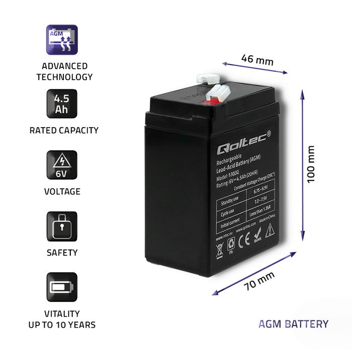 Qoltec AGM battery | 6V | 4.5Ah | Maintenance-free | Efficient| LongLife | for UPS, scale, cash register